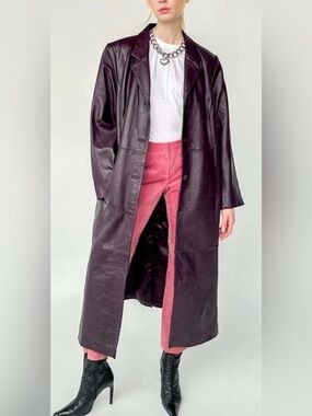 Donna La pure Genuine Leather Long Coat in plum burgundy Size XL